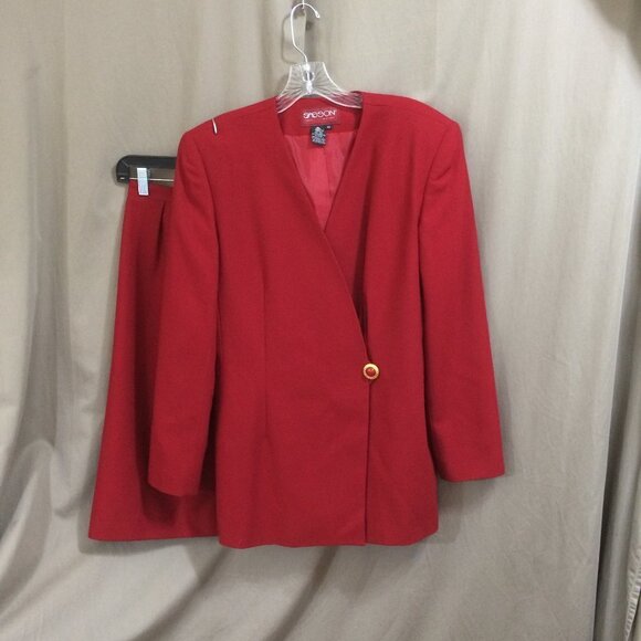 Vintage Sasson 90s Skirt Suit 100% Wool Red Large Shoulder Pads 1 Button Size 10 - Picture 1 of 8